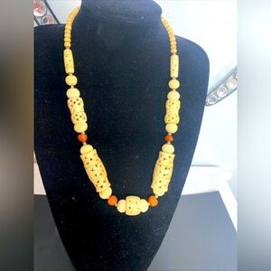 Vintage Hand Carved Necklace with Silver Beads & Natural Stones